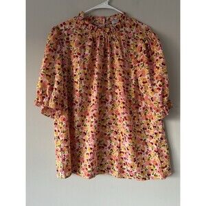 Miss Sparkling Boho Floral Ruffle Short Sleeve Frill Mock Neck Blouse Size XL